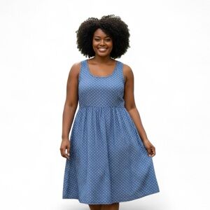 Gap Blue Denim Fit n Flair Dress with White Polka Dots- Summer Casual Womens 18